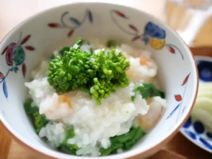 海老と菜の花のお粥 〜春のからだを養生する、軽やかな彩り〜　できあがり
