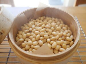 蒸し大豆の作り方　蒸篭　せいろ　湯気　せいろ蒸し　